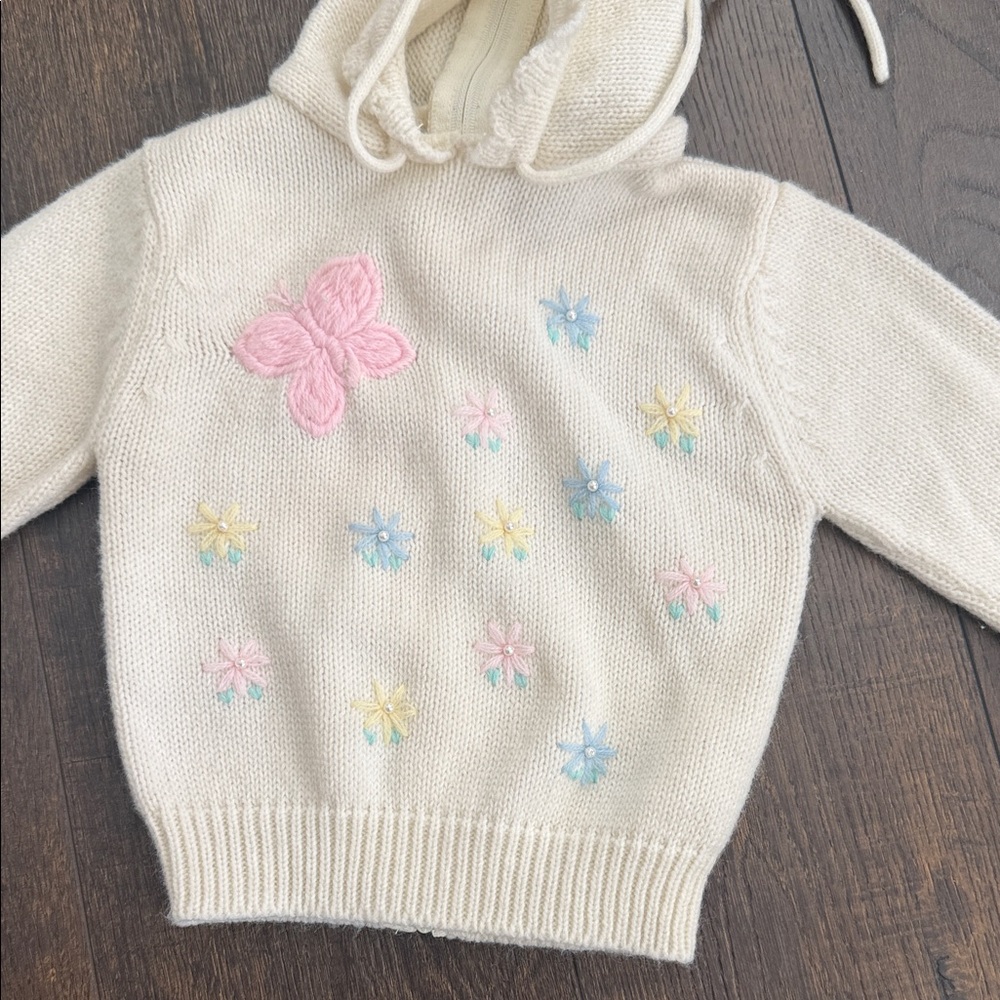 Vintage - 12M - Cream Knit Hoodie with Pink Butterfly